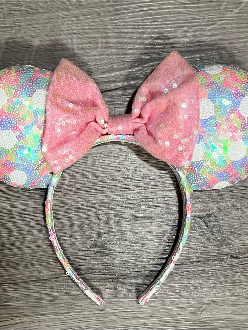 Disney Sequin Minnie Ears Headband - Pink Bow with Pastel Multicolor Ears
